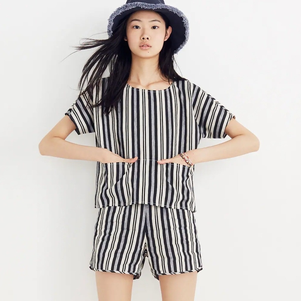 Madewell Black and White Vertical Stripe Boxy Short Sleeve Top